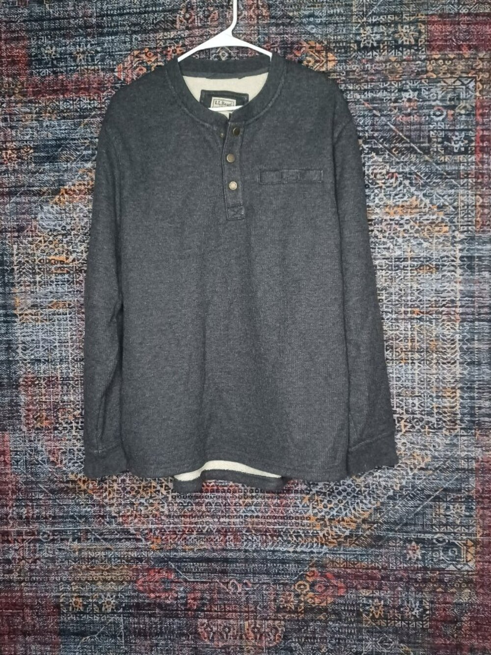 LL Bean mens dark gray waffle thermal lined henley shirt L 298100